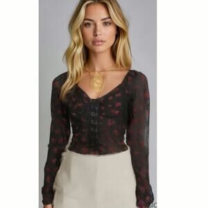 Y2K Whimsigoth XS body suit lace Floral dark fairy Red/Blk Sheer Vamp/Goth